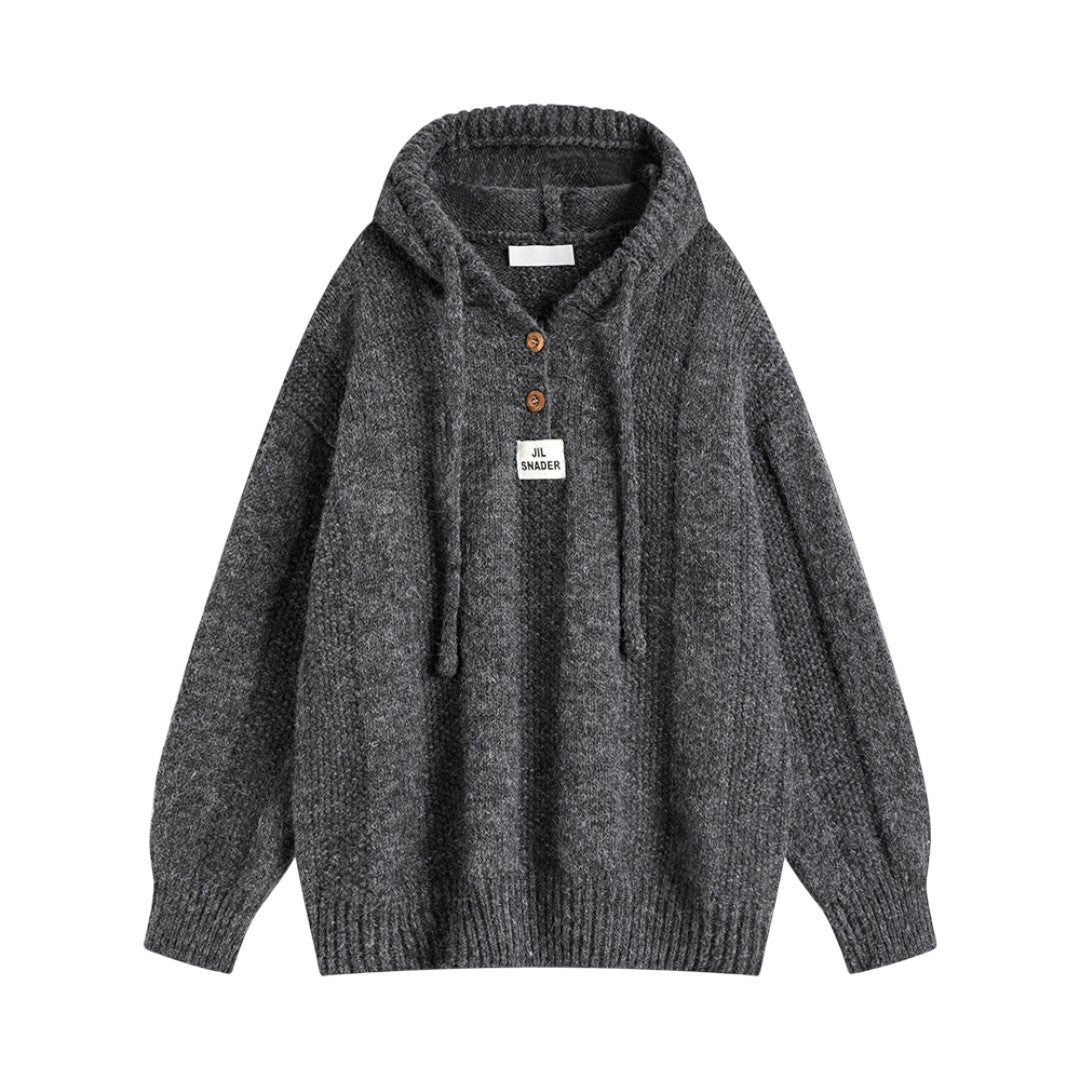 フーディーニットカーディガンのフードとフロントデザインのアップ。