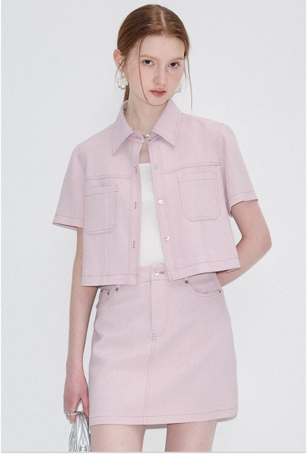 2024SS Pink Stretch Denim Short Sleeve Jacket Skirt Setup ピンク ストレッチデニム –  Regina