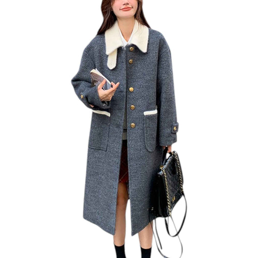 エレガント グレー ウールコートを着用したモデルの全身正面姿