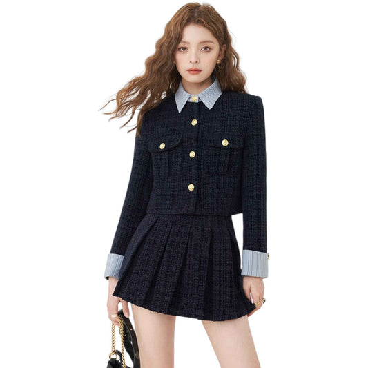 韓国ファッションのツイード ジャケットを着用したモデルの全身ショット。