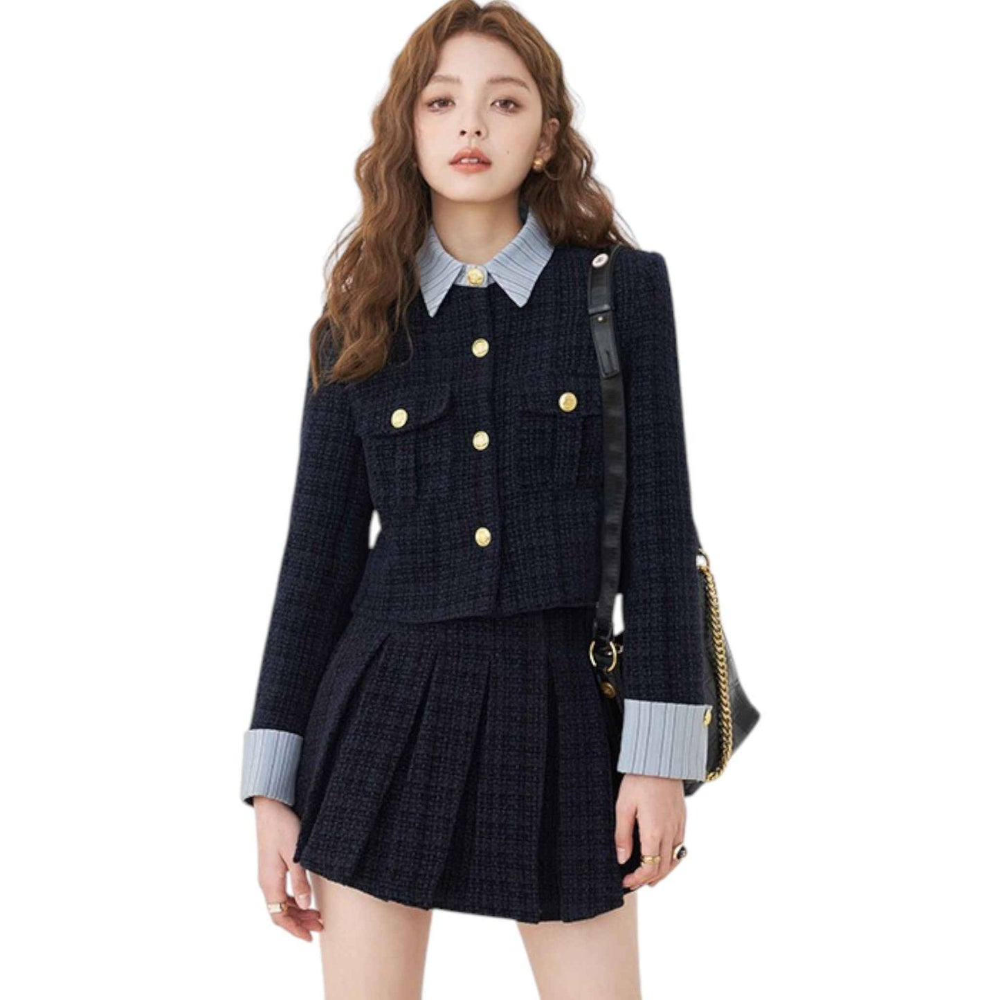 韓国ファッションのツイード ジャケットを着用したモデルの全身ショット。
