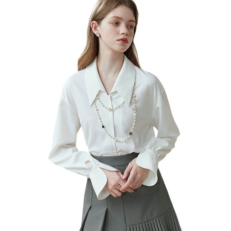 Pointed Collar Drape Long Sleeve Satin Shirt Blouse ポインテッド　襟　ドレープ袖　ロングスリーブ　 長袖　サテン　シャツ　ブラウス