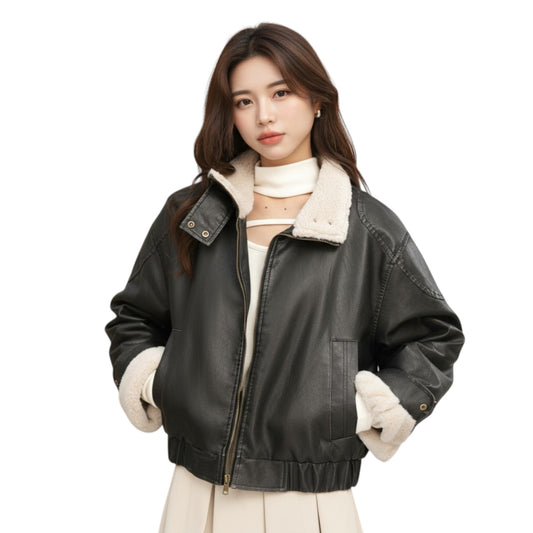 ブラックのムートンライダースジャケットを着用した女性モデルの全身コーディネート。