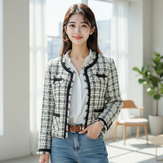 フリンジ ツイードジャケットを着用したモデルの全身正面写真。