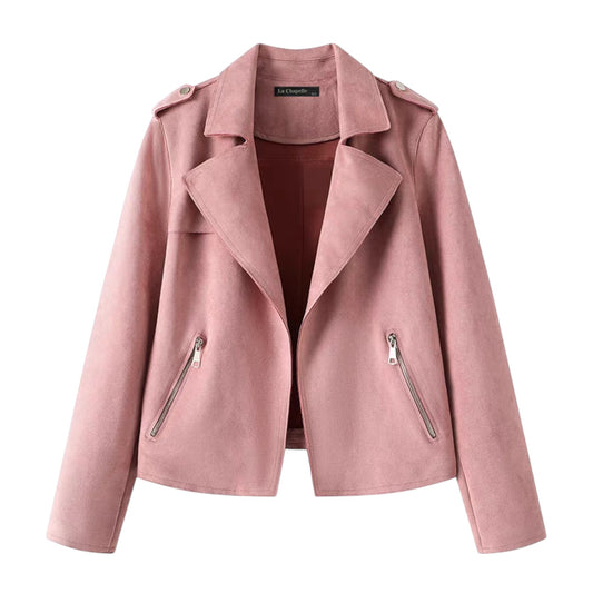 ヴィンテージライク スエード ライダースジャケットのフロントデザインと襟元のアップ。