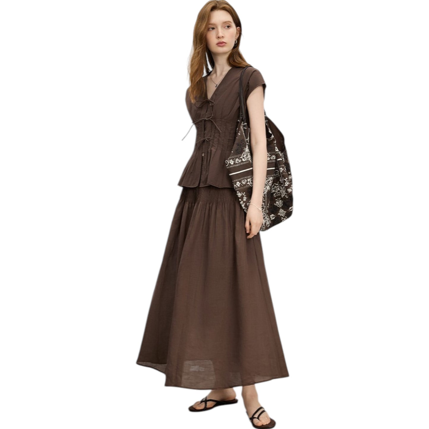 2025 Summer V-Neck Bow Tie Blouse Coffee Brown Office Shirt コーヒーカラー 通勤 シャツ