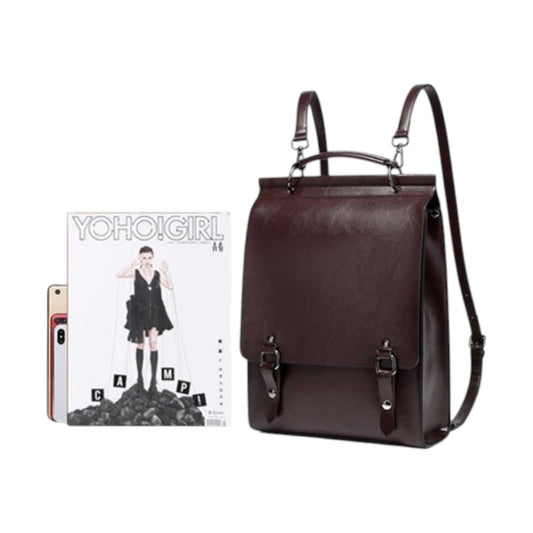 牛革ケンブリッジバッグ(ブラウン)の正面全体像。ショルダーストラップ付き。magazineサイズが入ることがわかる画像。