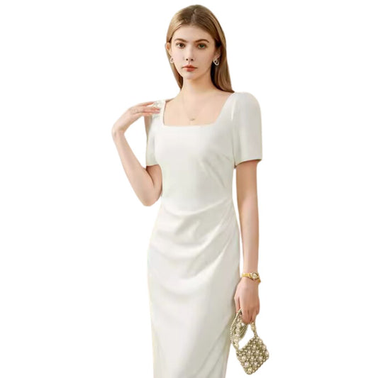 White square neck dress high-end evening dress ホワイト スクエアネック ワンピース ハイエンド イブニングドレス