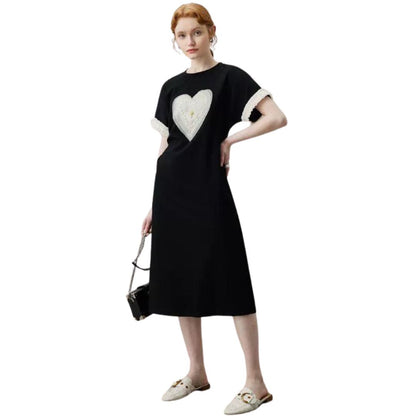 French Style Black Round Neck Ruffles 3D Heart Loose Dressフレンチスタイル ブラックラウンドネック フリル 立体ハート ルーズドレス ワンピース