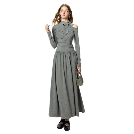 BOHOL BLING Women's Cool Off Shoulder Pleated Slim Long Sleeve A Line Long Dress ノンクール オフショルダー プリーツ スリム 長袖 A ライン ロング ボトムドレス レディース