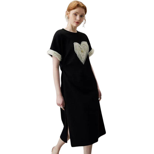 French Style Black Round Neck Ruffles 3D Heart Loose Dressフレンチスタイル ブラックラウンドネック フリル 立体ハート ルーズドレス ワンピース