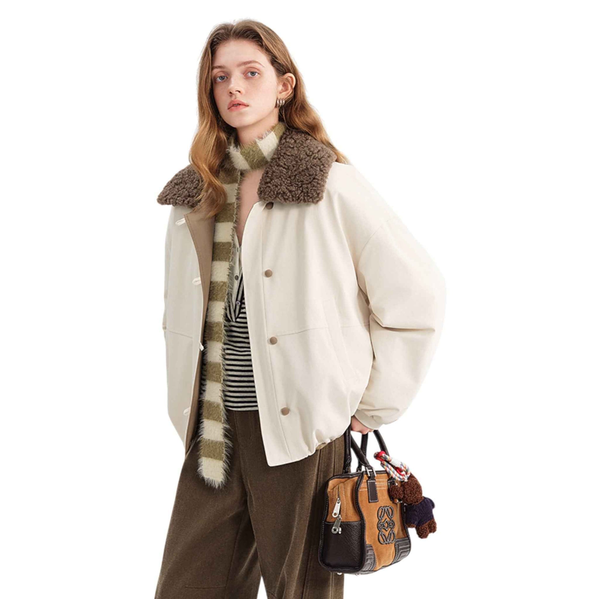 Retro Chic | 着脱式ファー襟 バイカラー ジャケット