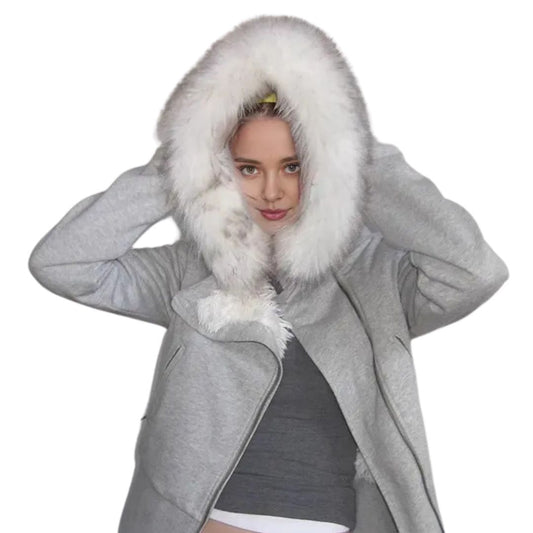 Women's Slim Zipper Hooded Fur Collar Plush Liner Short Sweatshirts Military Riders Jacket 女性のスリムジッパー フード付き ファー ライナーショートスウェット ミリタリー ライダース ジャケット