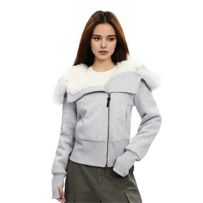 Women's Slim Zipper Hooded Fur Collar Plush Liner Short Sweatshirts Military Riders Jacket 女性のスリムジッパー フード付き ファー ライナーショートスウェット ミリタリー ライダース ジャケット