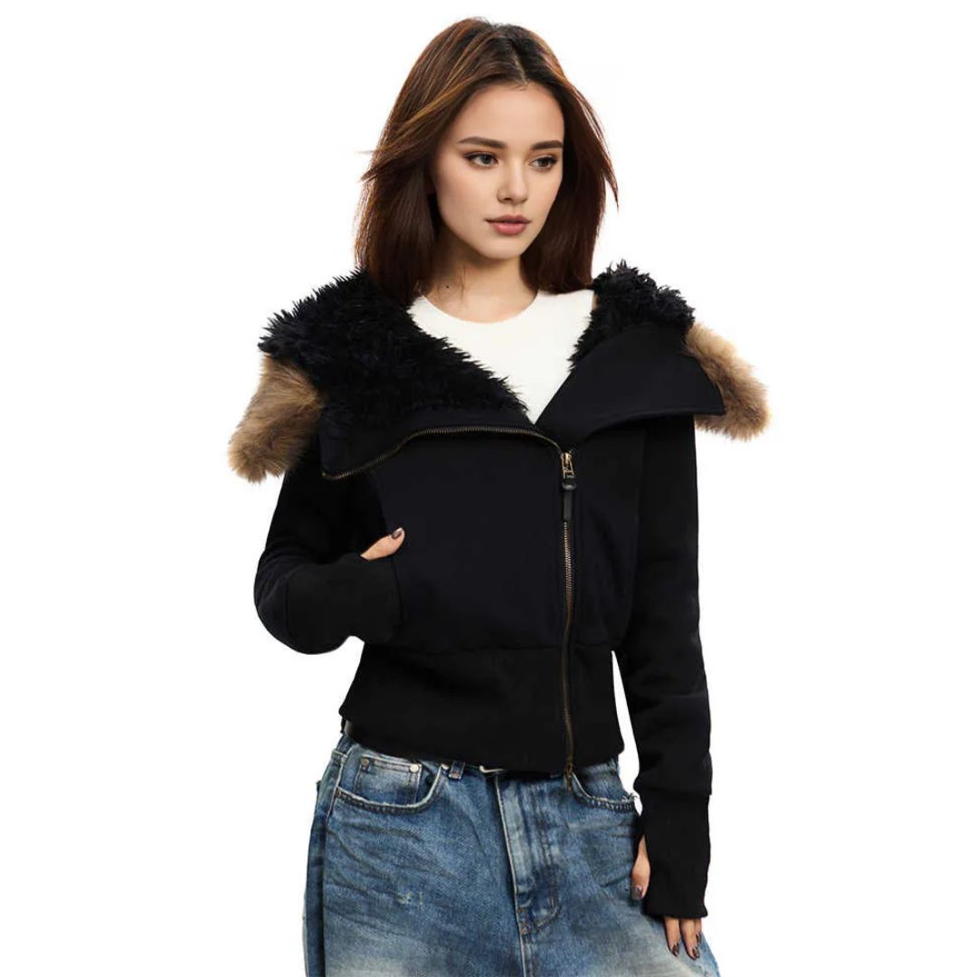 Women's Slim Zipper Hooded Fur Collar Plush Liner Short Sweatshirts Military Riders Jacket 女性のスリムジッパー フード付き ファー ライナーショートスウェット ミリタリー ライダース ジャケット