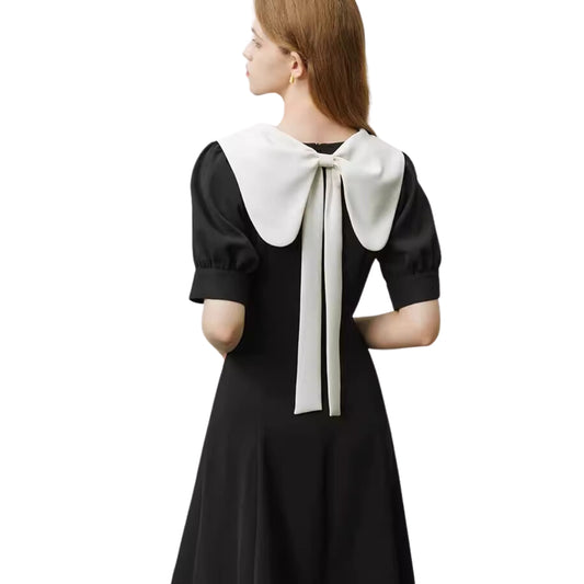 Big Bow collar A-line long dress ビッグカラー 襟付き バック リボン Aライン 膝下丈 ロング 半袖 ワンピース