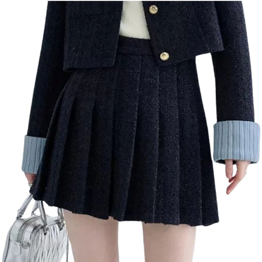 Navy Tweed Pleated Mini Skirt ネイビー ツイード プリーツ ミニ スカート