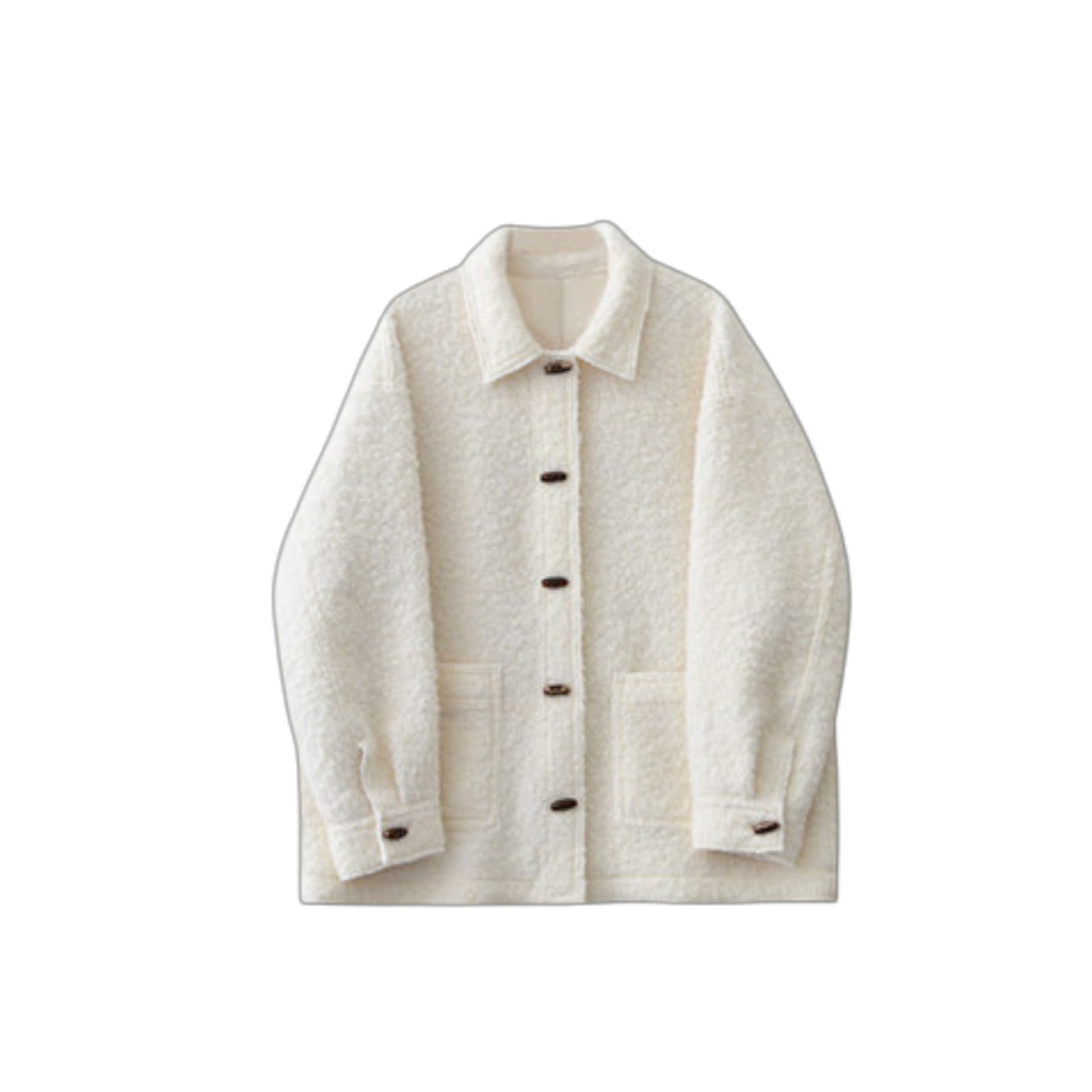 Vintage Wool Toggle Coat 正面アップ。顔周りを華やかに見せる襟のデザインとトグルボタン。