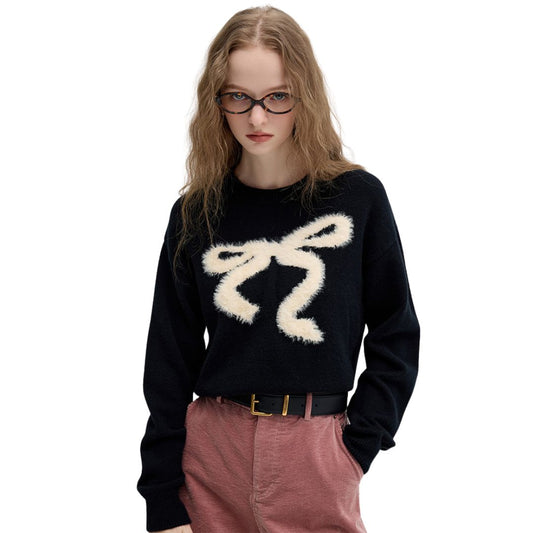 Mohair front ribbon crewneck sweater モヘア フロント リボン クルーネックセーター