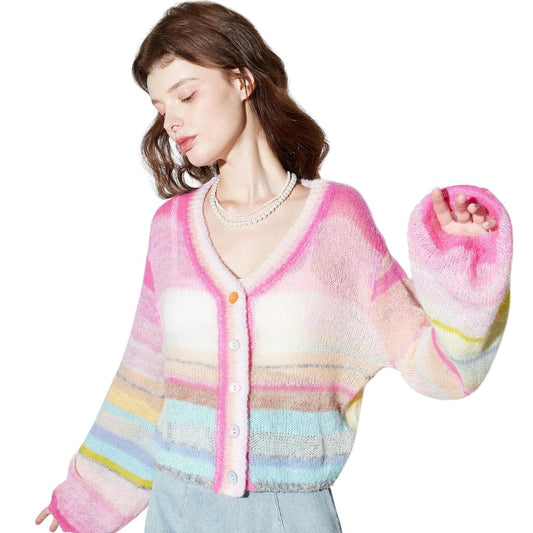 Mohair 11 color mix rainbow striped sweater cardigan モヘア 11色ミックスレインボーストライプセーター カーディガン