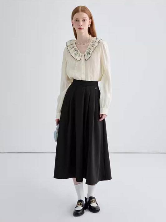 Black half-body skirt female 2024 spring new thin temperament high waist draping A-line umbrella skirt