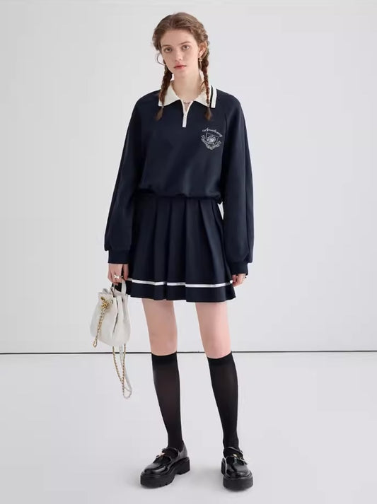 College style dress female 2024 spring new fake two temperament polo collar pleated skirt