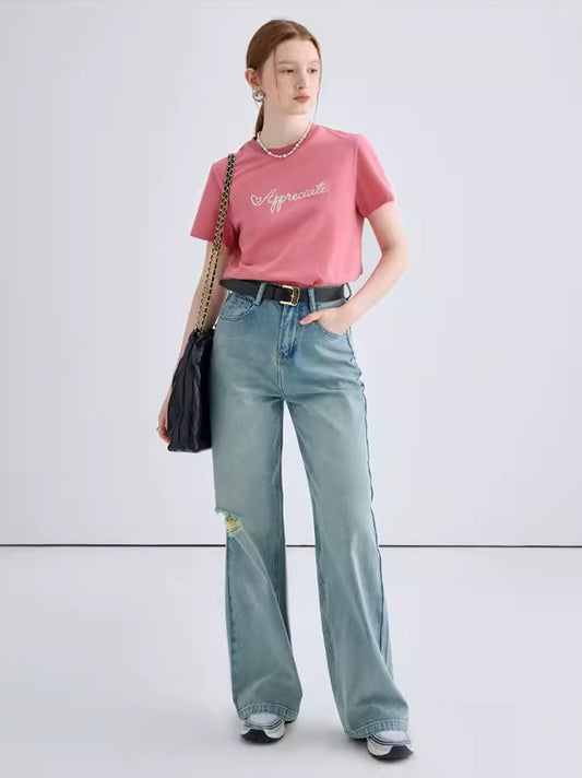 Jeans female 2024 spring new washed retro thin broken hole wide leg straight pants