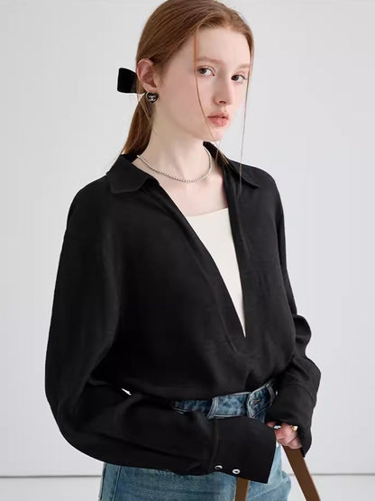 Shirt female spring 2024 new design sense niche false two deep V-neck long-sleeved blouse