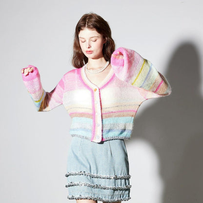 Mohair 11 color mix rainbow striped sweater cardigan モヘア 11色ミックスレインボーストライプセーター カーディガン