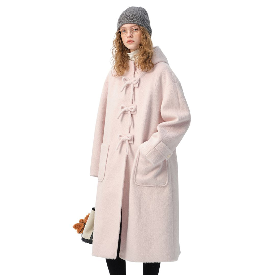 Baby pink shaggy ribbon button long coat ベビーピンク シャギー リボンボタン ロングコート