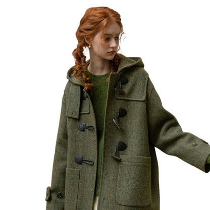 Loose hooded horn button sheep wool green wool coat jacket ルーズ フード付きホーンボタン ウールグリーンウール ダッフル コートジャケット