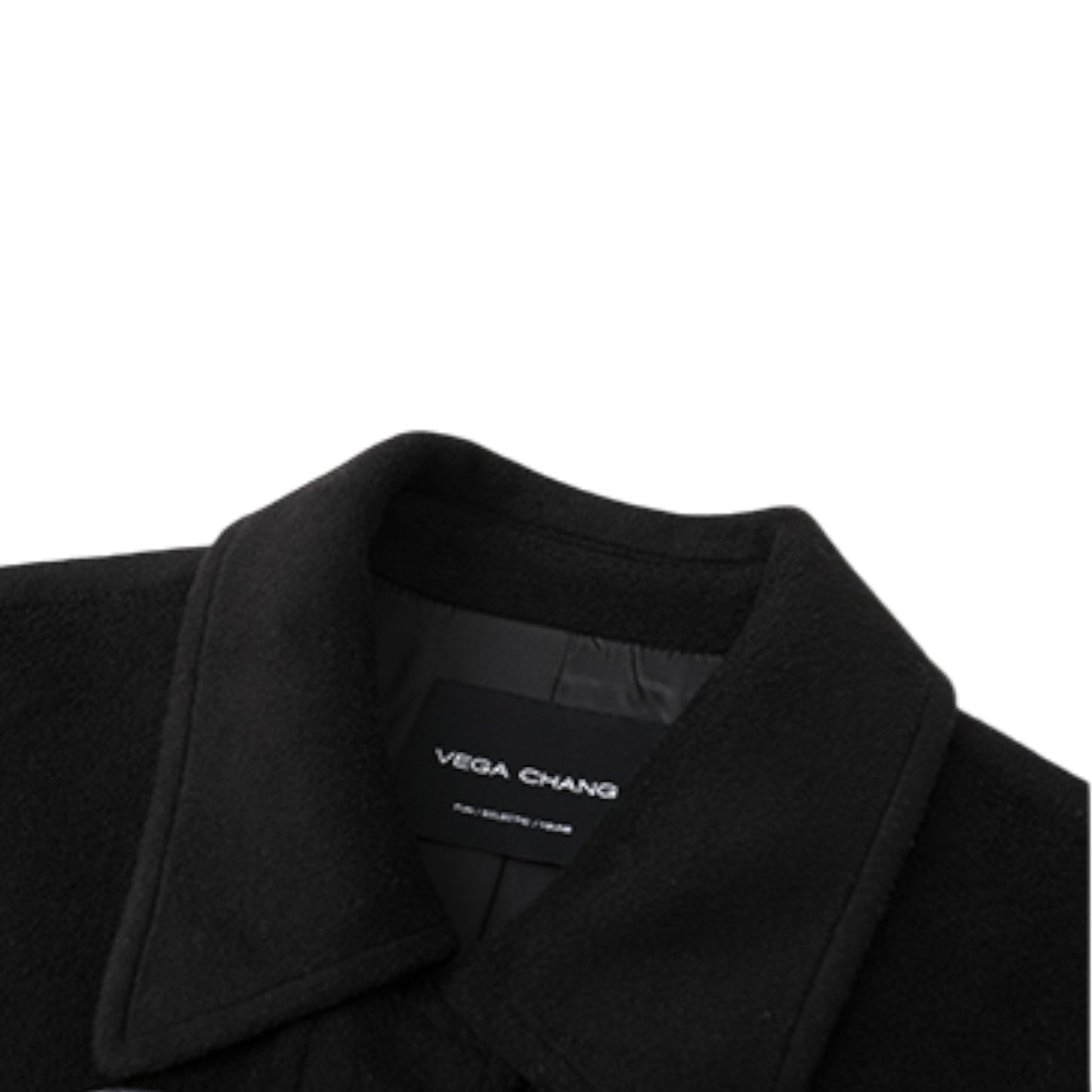 チェック柄ブラックロングコートの厚手な生地感と、ブラックとチェック柄の縫製部分がわかる拡大詳細画像。