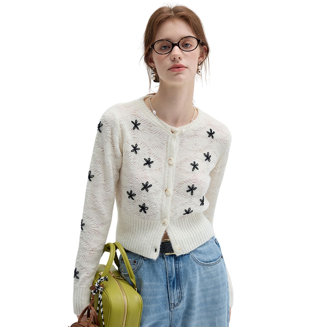 Flower knit wool sweater cardigan フラワー ニット　ウールセーター カーディガン