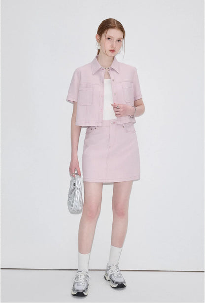 2024SS Pink Stretch Denim Short Sleeve Jacket Skirt Setup ピンク ストレッチデニム 半袖 ハーフスリーブ ジャケット ミニスカート セットアップ