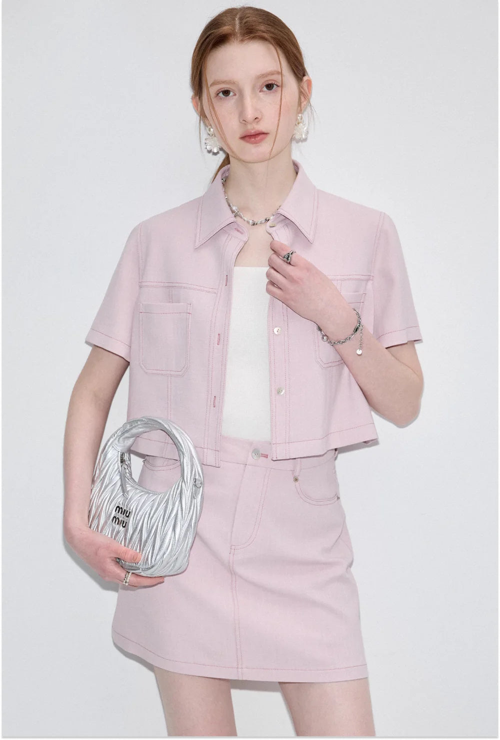 2024SS Pink Stretch Denim Short Sleeve Jacket Skirt Setup ピンク ストレッチデニム 半袖  ハーフスリーブ ジャケット ミニスカート セットアップ