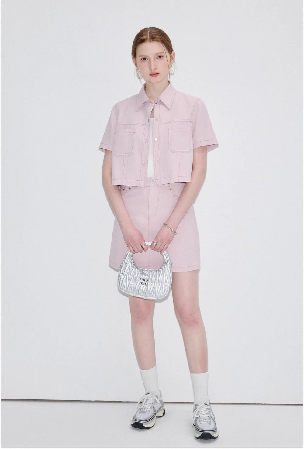 2024SS Pink Stretch Denim Short Sleeve Jacket Skirt Setup ピンク ストレッチデニム 半袖 ハーフスリーブ ジャケット ミニスカート セットアップ