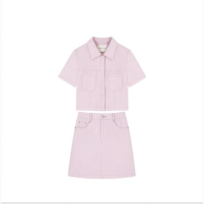 2024SS Pink Stretch Denim Short Sleeve Jacket Skirt Setup ピンク ストレッチデニム 半袖 ハーフスリーブ ジャケット ミニスカート セットアップ