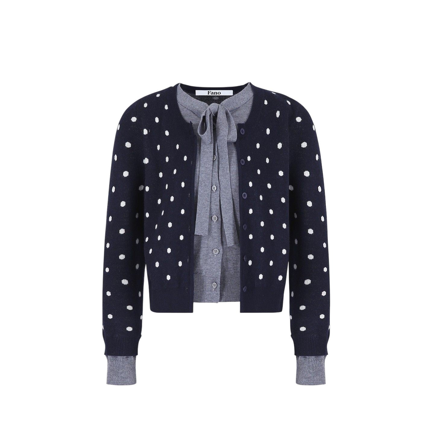 French Retro Polka Dot Bow Knit - 胸元のドットチュールとリボンディテールのアップ