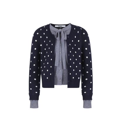 French Retro Polka Dot Bow Knit - 胸元のドットチュールとリボンディテールのアップ