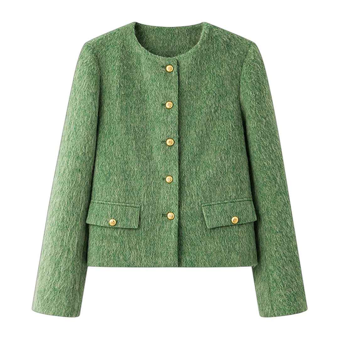 ウール混ツイードジャケットの正面アップ。ゴールドのボタンが特徴。