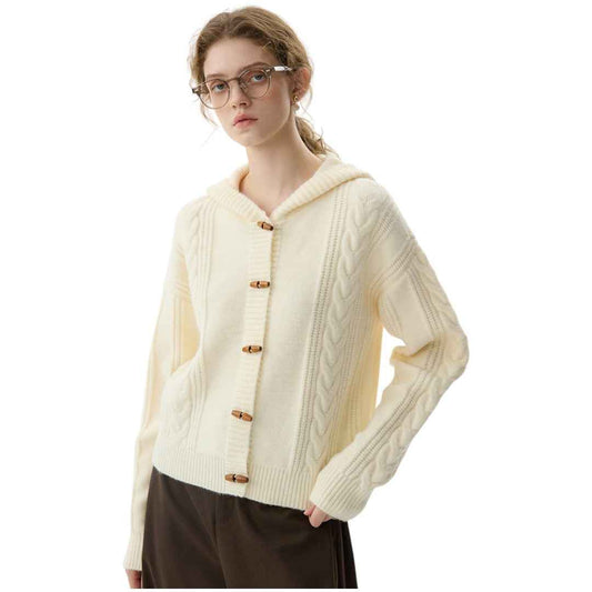 Horn Button Knit Cardigan フード付き ニットカーディガン