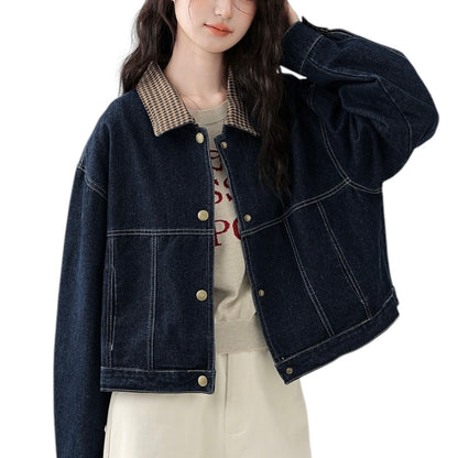 La Chapelle new lapel plaid patchwork denim short jacket ラペルチェック柄パッチワークデニムショートジャケット