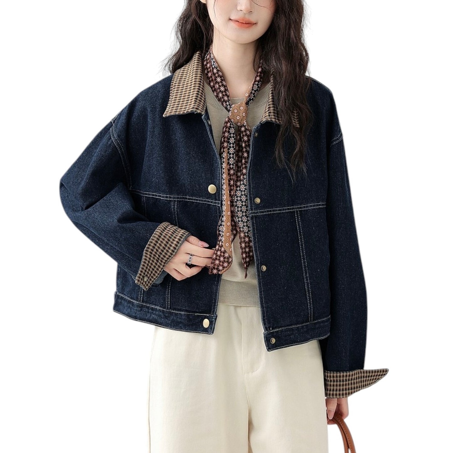 La Chapelle new lapel plaid patchwork denim short jacket ラペルチェック柄パッチワークデニムショートジャケット