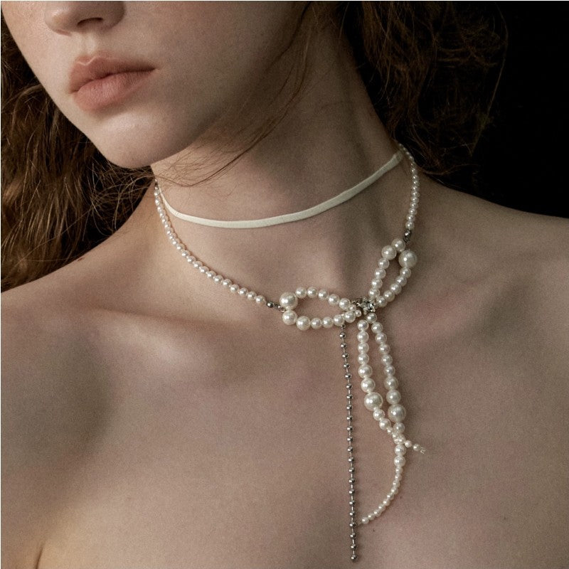 Ribbon Design Pearl Necklace Choker リボン　デザイン　パール　ネックレス　チョーカー