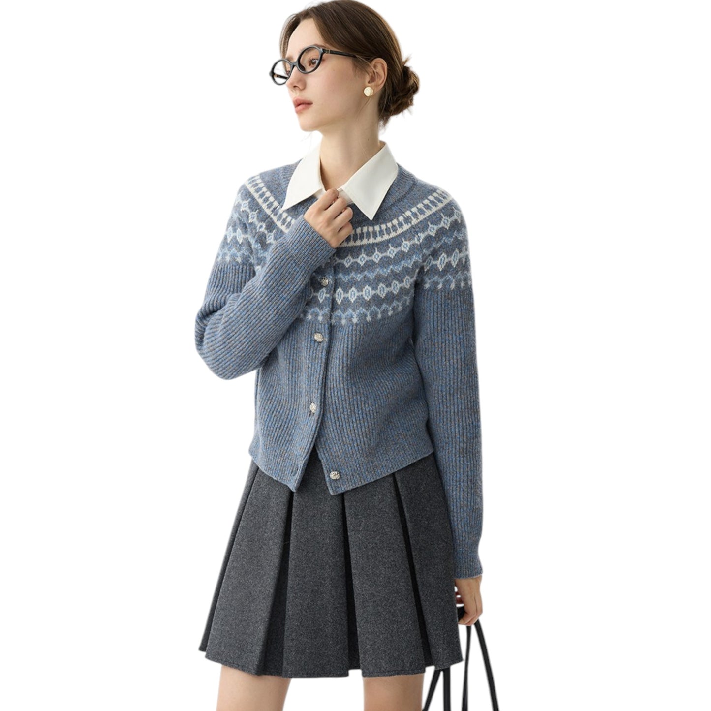 FANSILANEN Vintage Jacquard Round Neck Knitted Cardigan ヴィンテージ ジャカード ラウンドネック ニット カーディガン