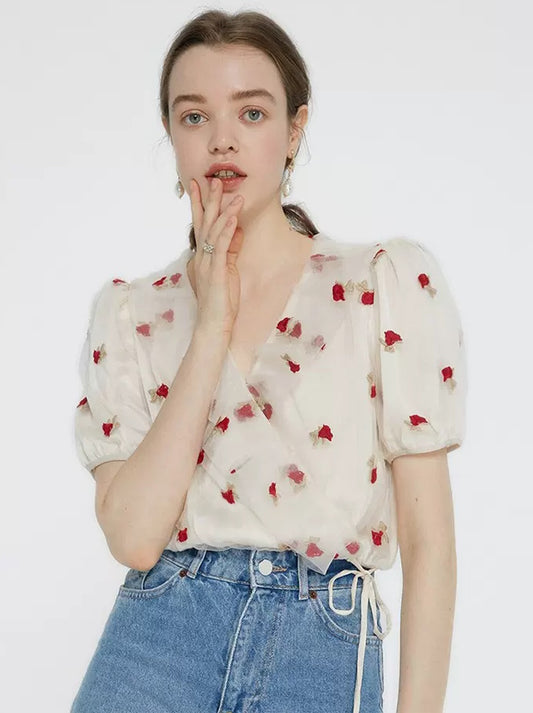 Women's Rose Embroidery Shirt V Neck Puff Sleeve Mesh Fairy Top Summer ローズ刺繍シャツ レディース V ネック パフ スリーブ メッシュ フェアリー トップ 夏