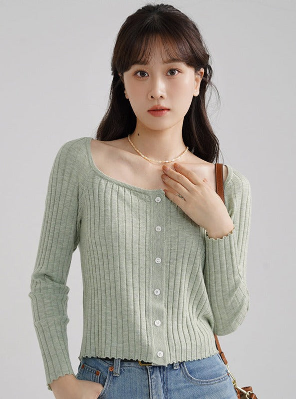 SQUARE NECK WOOL CARDIGAN