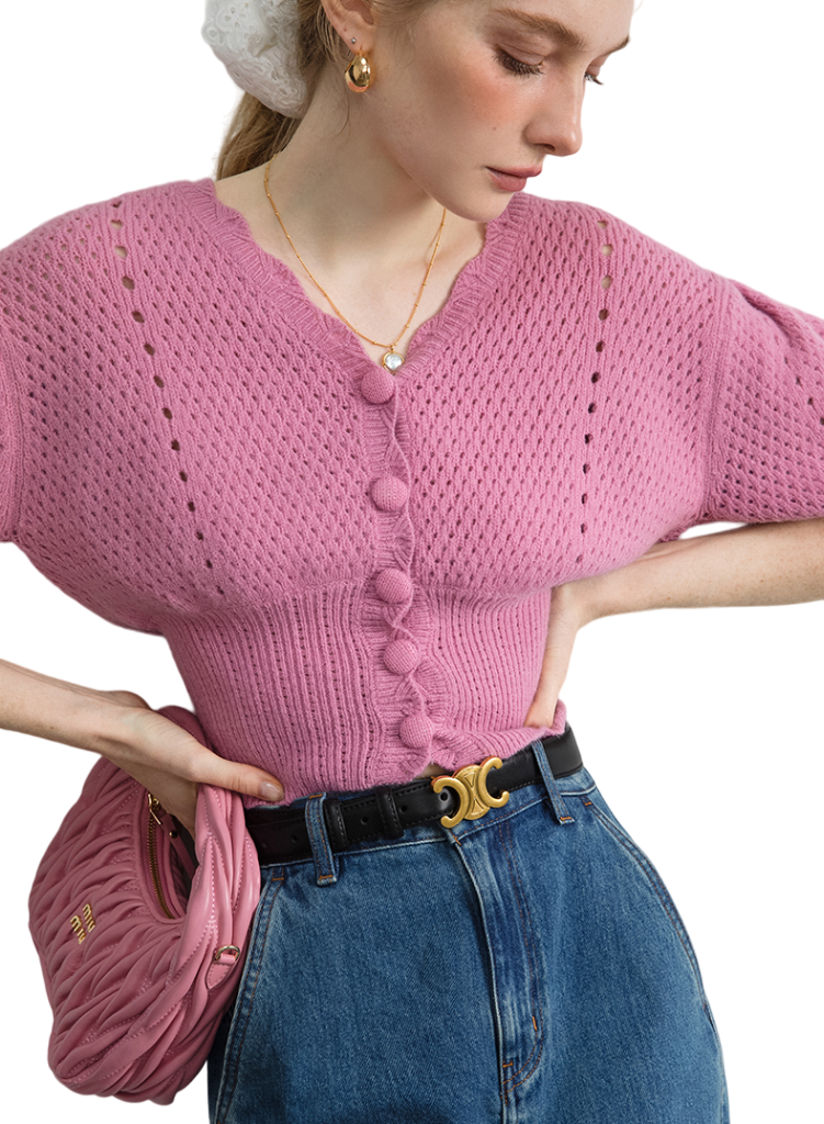 French Puff Short Sleeve Sweater Cardigan in Baby Pink フレンチ　パフスリーブ　ショート　半袖　カーディガン　セーター