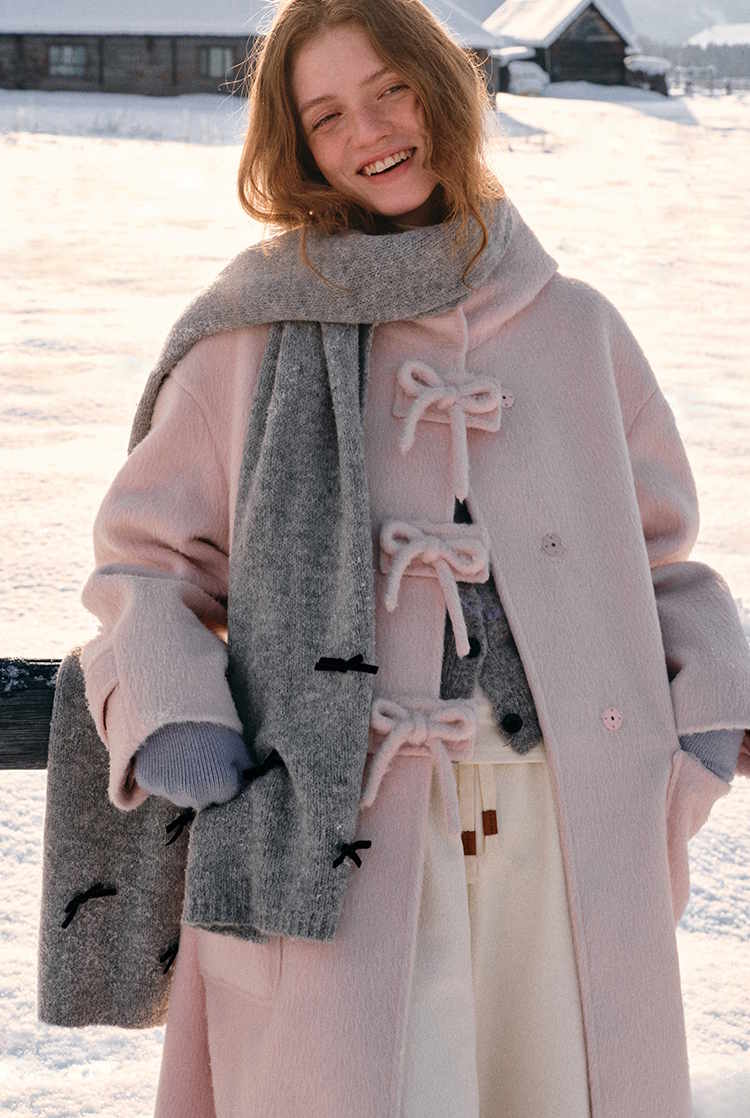 Baby pink shaggy ribbon button long coat ベビーピンク シャギー リボンボタン ロングコート