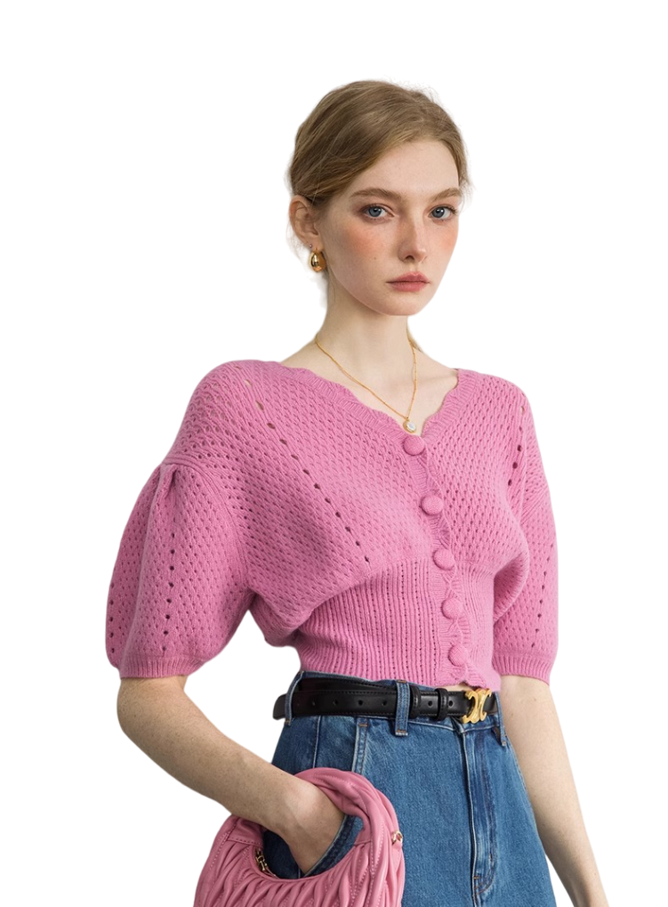 French Puff Short Sleeve Sweater Cardigan in Baby Pink フレンチ　パフスリーブ　ショート　半袖　カーディガン　セーター